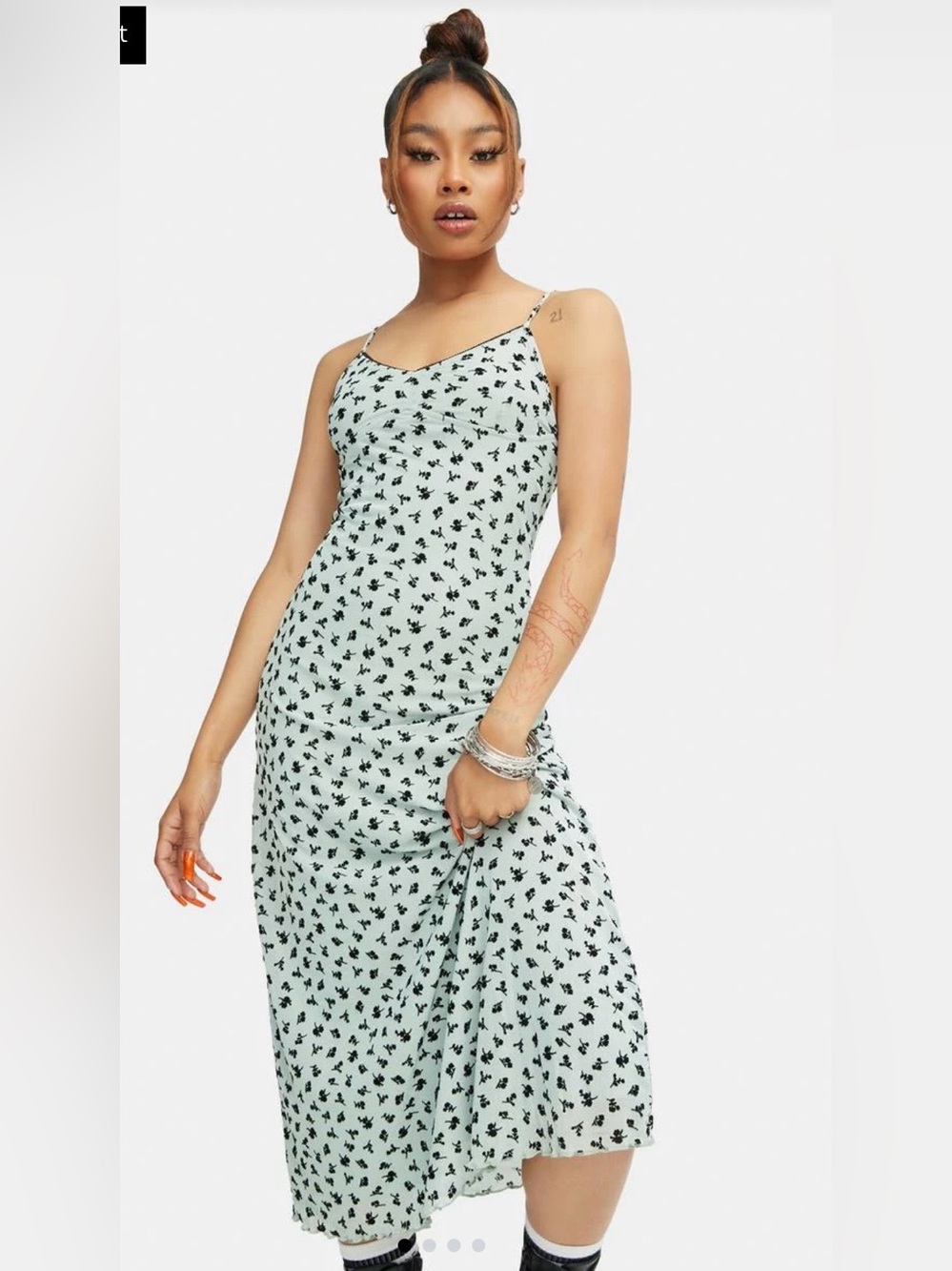 NWT Motel Cotina Midi Dress In Sage Flower Buds Black Flock XS